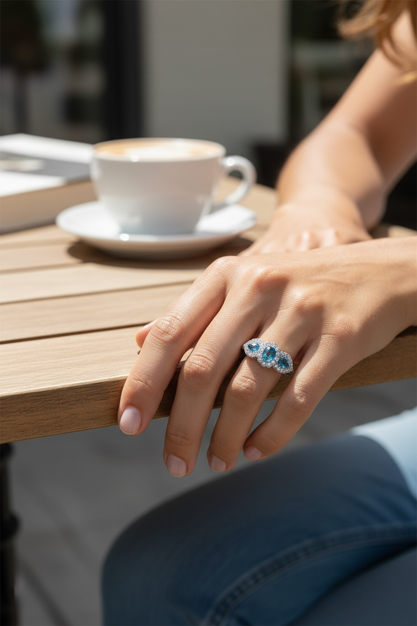 Small aquamarine and diamond triple cluster ring (OUT OF STOCK)