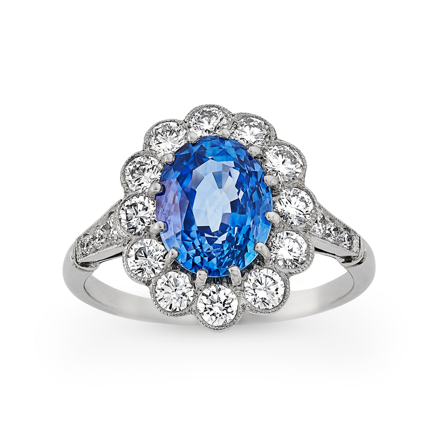 Oval Ceylon sapphire and diamond cluster engagement ring (OUT OF STOCK)