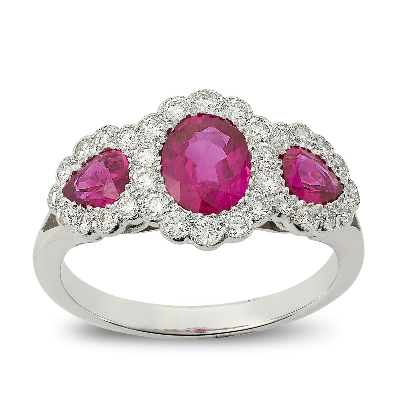 Ruby and diamond triple cluster engagement ring
