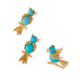 Trio of 18ct yellow gold, turquoise and ruby bird brooches