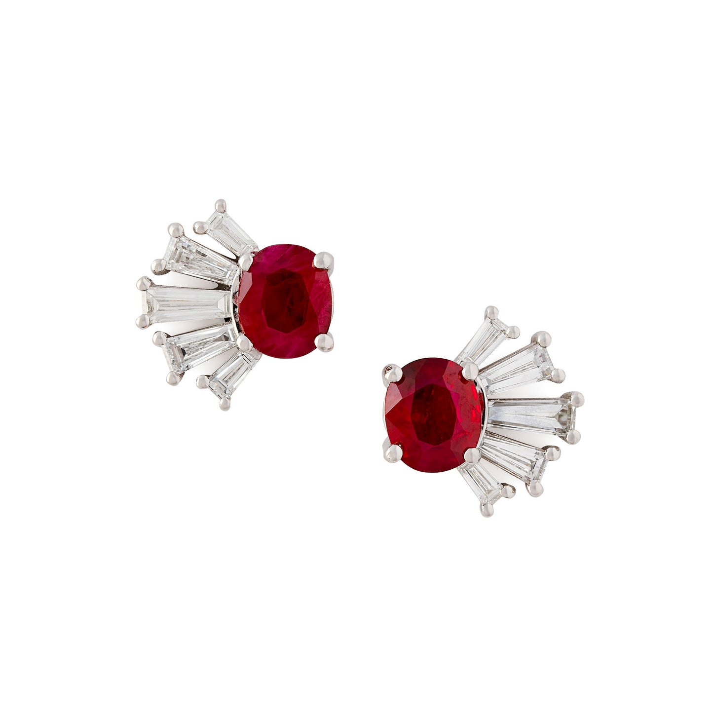 Ruby and baguette diamond fan shaped earrings with pearl drops