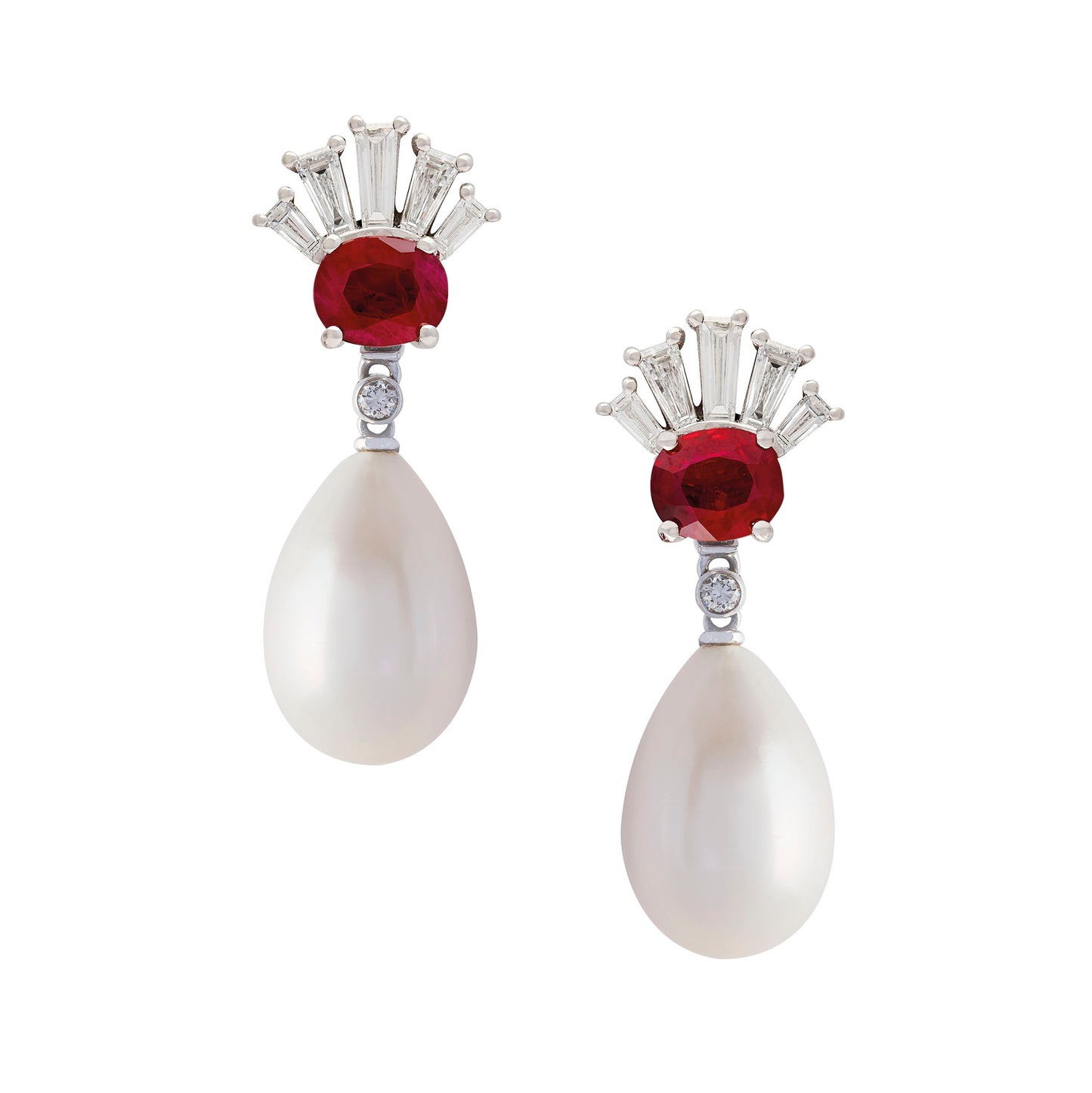 Ruby and baguette diamond fan shaped earrings with pearl drops