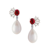 Ruby and baguette diamond fan shaped earrings with pearl drops