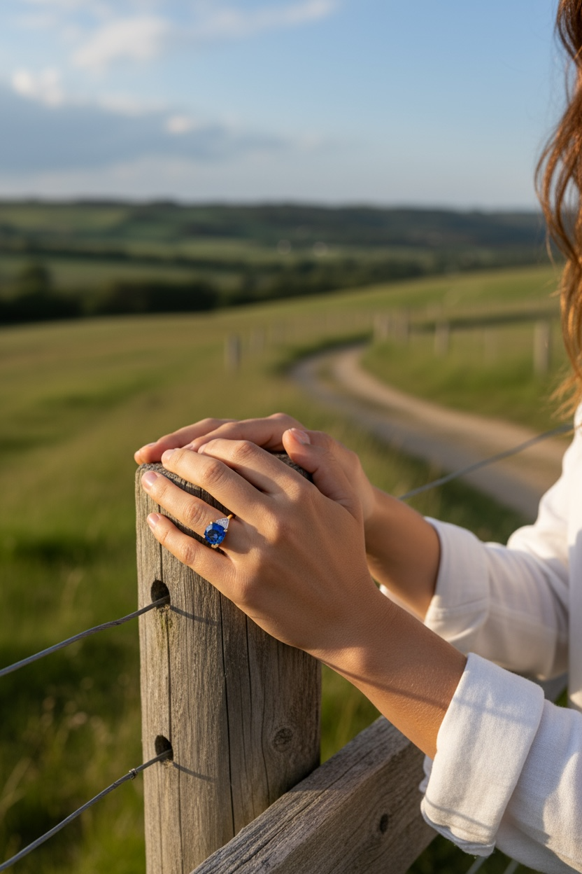 Cushion cut Ceylon sapphire and diamond three stone ring