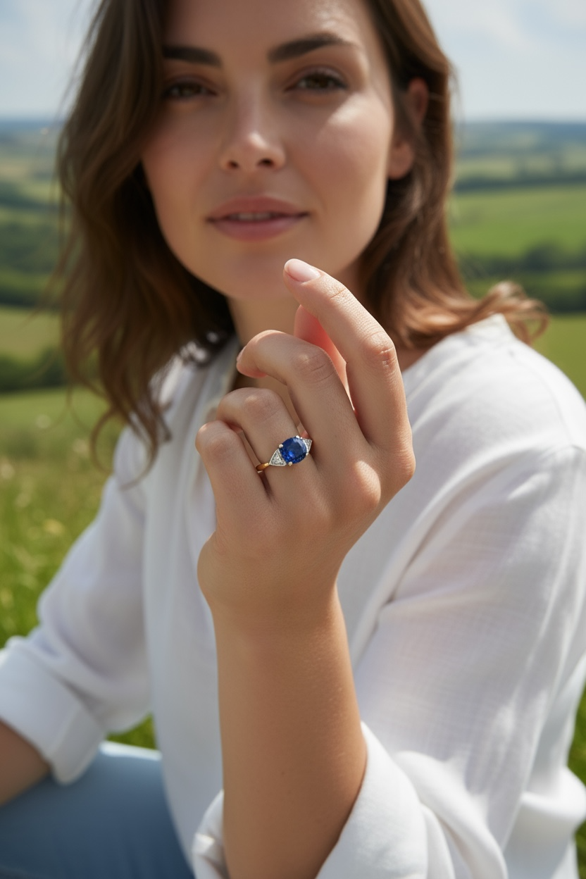 Cushion cut Ceylon sapphire and diamond three stone ring