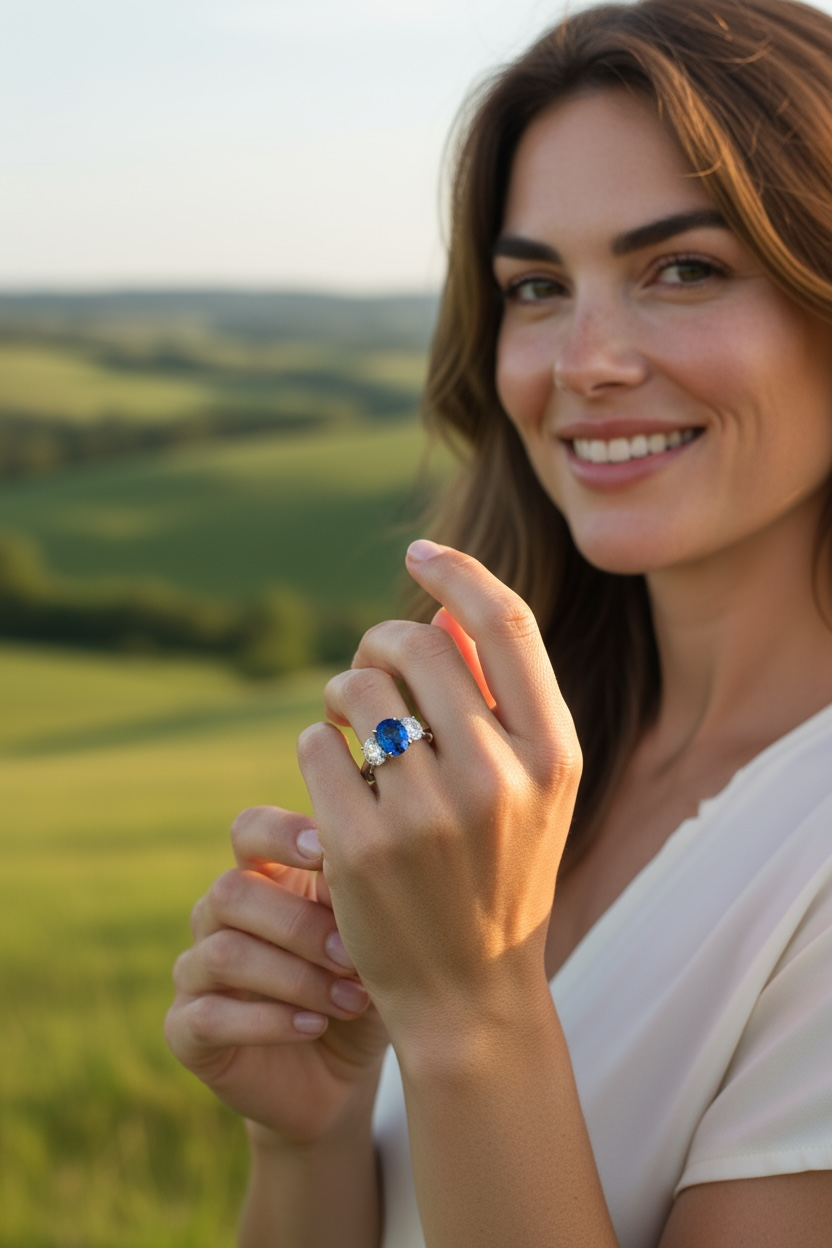 Oval sapphire and diamond three stone ring (OUT OF STOCK)