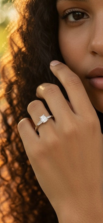 Emerald cut and tapered baguette cut diamond ring