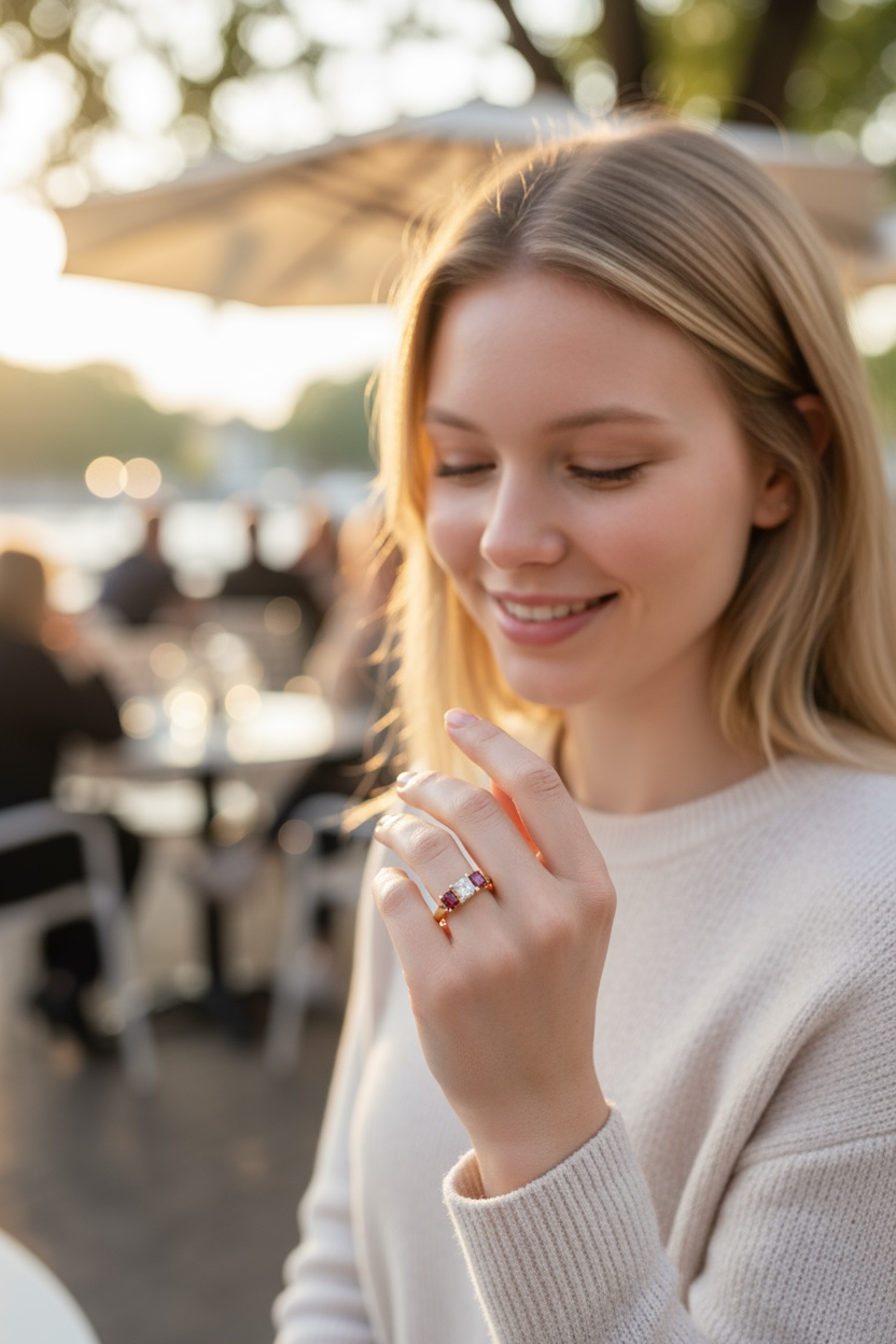 Princess cut diamond and ruby three stone ring