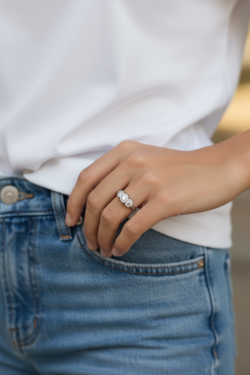 Brilliant cut diamond triple cluster engagement ring