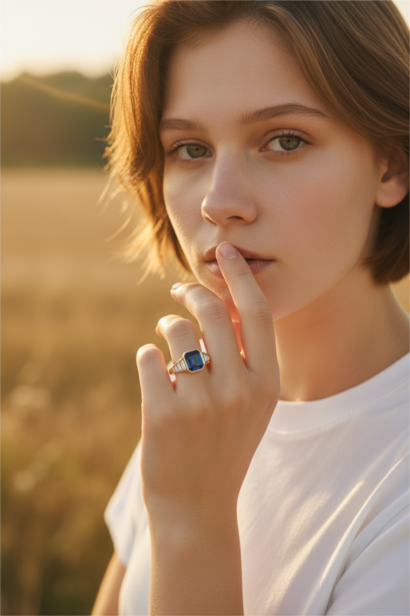 Emerald cut sapphire and baguette cut diamond ring (OUT OF STOCK)