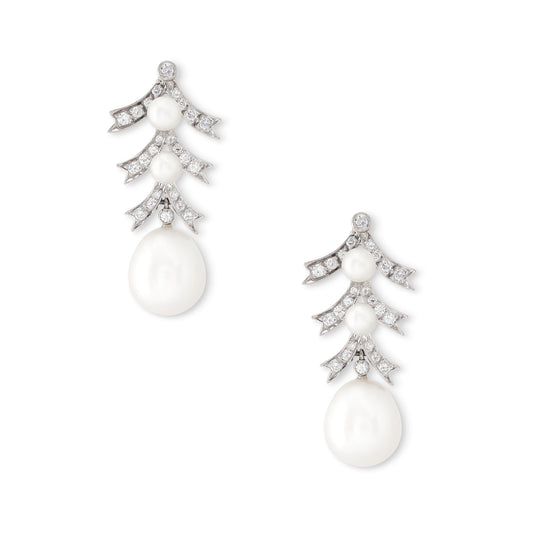 18ct White gold, diamond and pearl drop earrings