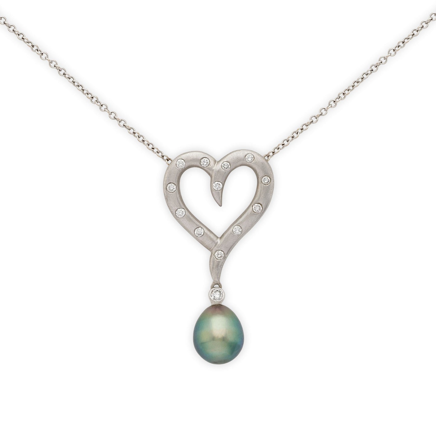 18ct white gold, diamond and Tahitian pearl heart pendant by Nigel Milne