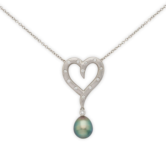 18ct white gold, diamond and Tahitian pearl heart pendant by Nigel Milne