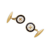 Pair of 18ct yellow gold, enamel and mother of pearl cuff links