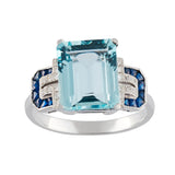 Aquamarine, diamond and calibre cut sapphire ring
