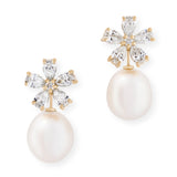 Pear shaped diamond and pearl flowerhead earrings