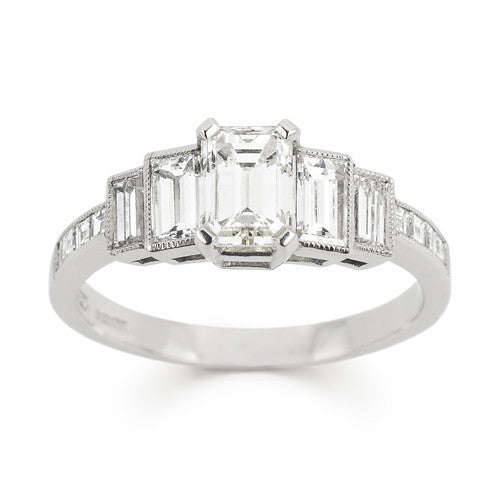 Emerald cut diamond five stone engagement ring