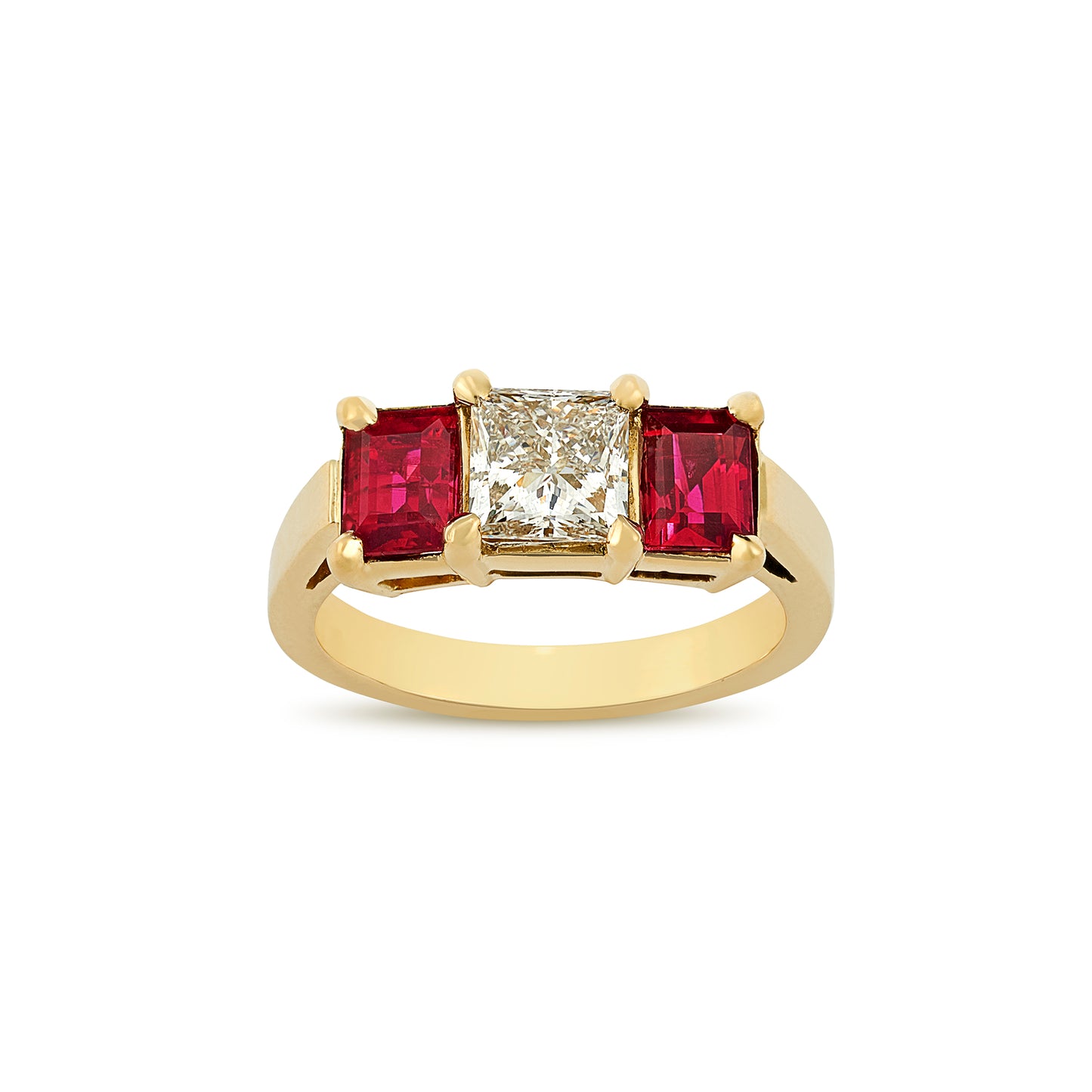 Princess cut diamond and ruby three stone engagement ring