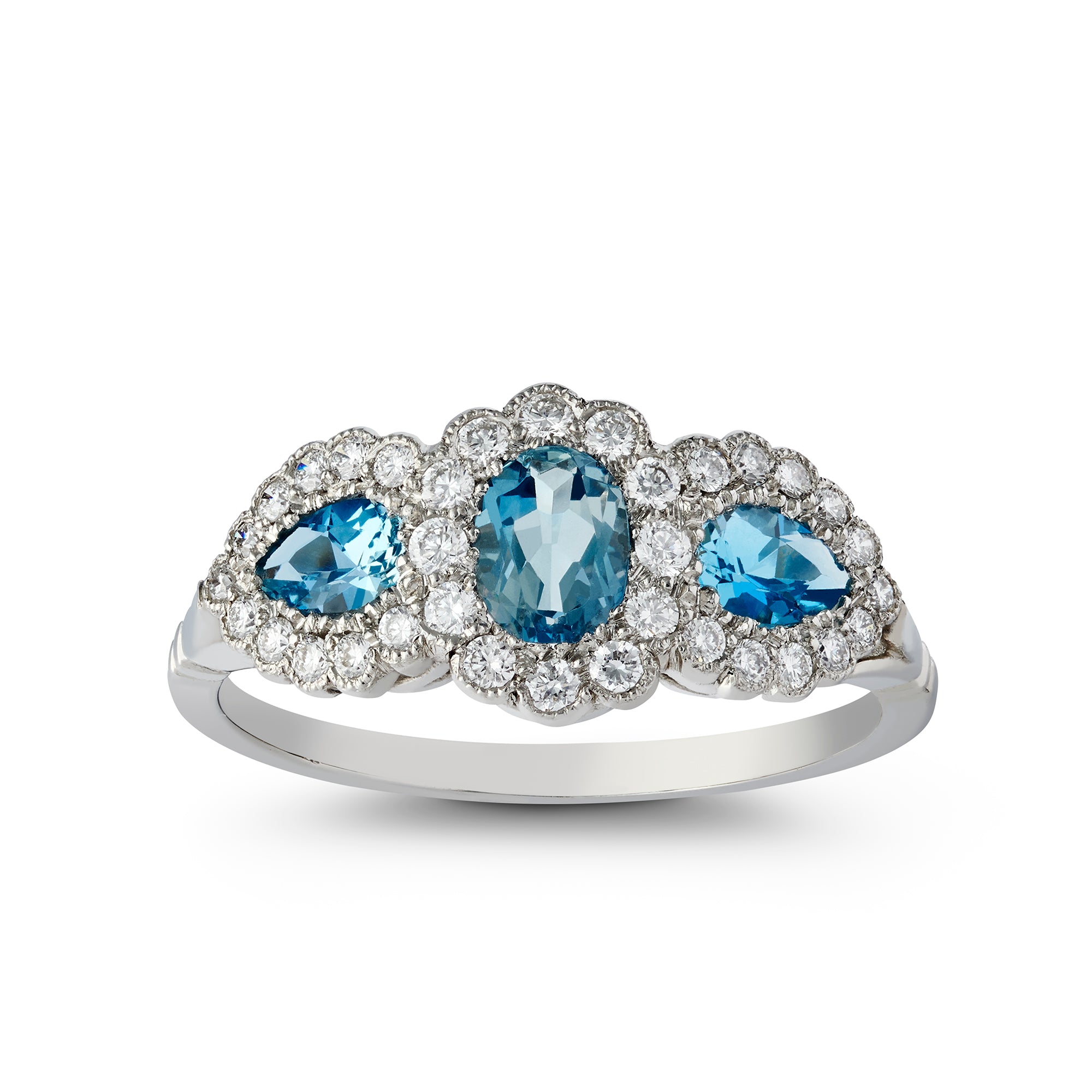 Aquamarine and diamond triple cluster Engagement Ring